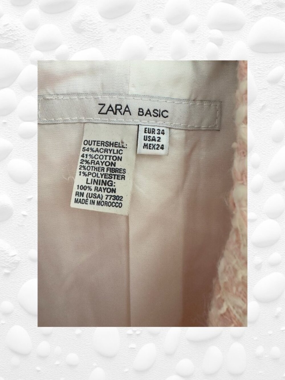 ZARA BASIC Light Pink Tweed Jacket, Size 2 - Like New - Picture 4 of 8